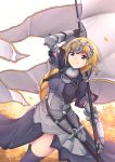  1girl andch24 armor artist_name black_legwear blonde_hair blue_eyes blush braid breasts closed_mouth eyebrows_visible_through_hair fate/apocrypha fate/grand_order fate_(series) flag headpiece holding_flag large_breasts long_hair looking_at_viewer ruler_(fate/apocrypha) smile solo thigh-highs 