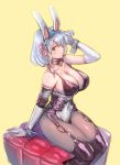  1girl animal_ears black_legwear bow_(bhp) breasts bunnysuit cleavage closed_eyes gloves looking_at_viewer original pantyhose rabbit_ears smile solo thigh-highs thighhighs_over_pantyhose white_gloves white_hair wrist_cuffs 