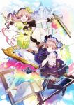  2girls atelier_(series) atelier_lydie_&amp;_soeur blush boots bow castle fingerless_gloves full_body gloves gun hair_ornament hairband hat long_hair lydie_marlen multicolored_hair multiple_girls official_art open_mouth pink_eyes pink_hair ponytail purple_hair siblings simple_background soeur_marlen solo sparkle staff thigh-highs twins two-tone_hair weapon yuugen 