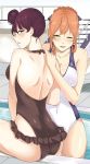  2girls ass black_swimsuit blush braid breasts brown_hair commentary er_huaa girls_frontline green_eyes hair_bun hand_on_another&#039;s_shoulder highres large_breasts looking_at_viewer m1903_springfield_(girls_frontline) multiple_girls one-piece_swimsuit one_eye_closed parted_lips partially_submerged profile purple_hair railing red_eyes short_hair sitting stairs swimsuit wa2000_(girls_frontline) water 