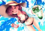  1girl :d a_flow bad_leg bikini black_bikini blue_sky breasts brown_eyes brown_hair clouds day dutch_angle food foreshortening hat large_breasts looking_at_viewer navel open_mouth original sky smile standing sun_hat swimsuit 