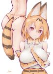  1girl anho animal_ears ass blonde_hair bow bowtie breasts elbow_gloves extra_ears finger_to_chin from_behind gloves hair_between_eyes hand_on_own_elbow heart_cutout kemono_friends large_breasts looking_at_viewer multiple_views panties serval_(kemono_friends) serval_ears serval_print serval_tail shirt short_hair signature sleeveless tail underwear white_background white_shirt 