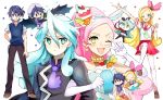  1boy 1girl ;d animal_ears blonde_hair blue_hair brother_and_sister chibi cure_parfait dress dual_persona elbow_gloves food_themed_hair_ornament gloves hair_ornament hairband horse_ears houhou_(black_lack) julio_(precure) kirahoshi_ciel kirakira_precure_a_la_mode locked_arms magical_girl one_eye_closed open_mouth pink_hair pleated_skirt precure school_uniform serafuku siblings skirt smile star star-shaped_pupils sweater_vest symbol-shaped_pupils thigh-highs v_over_eye white_gloves white_legwear 