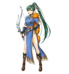  1girl boots bow_(weapon) breasts closed_mouth dress earrings female fingerless_gloves fire_emblem fire_emblem:_rekka_no_ken fire_emblem_heroes full_body gloves green_eyes green_hair high_ponytail holding holding_bow_(weapon) holding_weapon jewelry long_hair looking_at_viewer lyndis_(fire_emblem) official_art parted_bangs pelvic_curtain ponytail side_slit simple_background smile solo tied_hair very_long_hair weapon white_background yamada_koutarou 