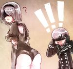  !! 1boy 1girl ? ass back_cutout black_gloves blindfold breasts commentary elbow_gloves from_behind gloves kataro leotard medium_breasts nier_(series) nier_automata short_hair silver_hair yorha_no._2_type_b yorha_no._9_type_s 