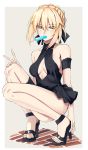  1girl absurdres artoria_pendragon_(swimsuit_rider_alter)_(fate) black_bow blonde_hair bow breasts cleavage eyebrows_visible_through_hair fate/grand_order fate_(series) food hair_bow high_heels highres looking_at_viewer medium_breasts popsicle short_hair sideboob solo squatting v yellow_eyes yuchio 