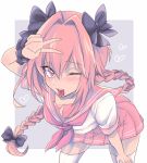  1boy bending_forward bent_over black_bow blush bow braid eyebrows_visible_through_hair fang fate/grand_order fate_(series) hair_bow heart long_hair looking_at_viewer loveyuping neckerchief one_eye_closed open_mouth pink_hair pink_neckerchief pink_skirt rider_of_black skirt smile solo teeth thigh-highs tongue tongue_out trap v violet_eyes white_legwear 
