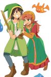  1girl breasts curly_hair dragon_quest dragon_quest_vii drakee dress full_body hat hero_(dq7) hood juukyuu_mame long_hair looking_at_viewer maribel_(dq7) medium_breasts redhead short_hair slime_(dragon_quest) 