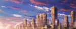  aoha_(twintail) building city cityscape clouds cloudy_sky day gradient_sky highres moss no_humans outdoors plant post-apocalypse ruins scenery sky skyscraper sunrise 
