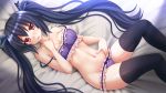 1girl bangs bed_sheet black_hair black_legwear blush bra breasts choujigen_game_neptune collarbone eyebrows_visible_through_hair frilled_bra frilled_panties frills hand_on_own_chest hands_up highres kazenokaze long_hair looking_at_viewer lying medium_breasts navel neptune_(series) noire nose_blush on_back open_mouth panties purple_bra purple_panties red_eyes saliva shade shiny shiny_hair solo strap_slip thigh-highs thighs twintails underwear very_long_hair 