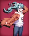  1girl bare_shoulders blue_eyes blue_hair bra_strap closed_mouth collarbone denim earrings eyebrows_visible_through_hair h2o_(dfo) hatsune_miku jeans jewelry long_hair looking_at_viewer off_shoulder pants solo sunglasses sunglasses_on_head twintails vocaloid 