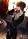 1boy black_jacket black_pants blue_eyes brown_hair code_geass collarbone copyright_name dutch_angle hand_in_hair indoors jacket lelouch_lamperouge looking_at_viewer open_clothes open_shirt pants shirt short_hair signature solo standing tsuki_usagi white_shirt 