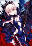  1girl artoria_pendragon_(all) black_gloves blonde_hair blush breasts cleavage closed_mouth collarbone dual_wielding eyebrows_visible_through_hair fate/grand_order fate/stay_night fate_(series) firebate flower gloves gun highres holding holding_gun holding_sword holding_weapon looking_at_viewer medium_breasts navel red_rose rose saber saber_alter short_hair smile solo sword weapon yellow_eyes 