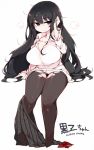  1girl black_eyes black_hair black_legwear blush borrowed_character breasts highres inuyama_kuroe long_hair mato_tsuyoi original pantyhose sitting skirt skirt_around_one_leg solo torn_clothes torn_pantyhose very_long_hair 