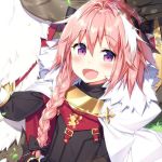  1boy androgynous black_bow bow braid cape fang fate/apocrypha fate_(series) hair_intakes hair_ribbon looking_at_viewer male_focus masuishi_kinoto multicolored_hair open_mouth pink_hair ribbon rider_of_black single_braid streaked_hair trap upper_body violet_eyes 
