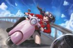  1girl :o black_legwear blue_sky brown_eyes brown_hair clouds day goggles goggles_on_headwear ground_vehicle helmet long_hair looking_at_viewer lucky9 motor_vehicle motorcycle original outdoors railing road sky solo wind 