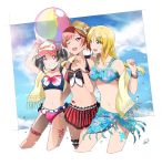  3girls :d alternate_hairstyle ayase_eli ball bangle baseball_cap beachball bibi_(love_live!) bikini_skirt bikini_top black_hair blonde_hair blue_eyes blue_nails bracelet braid clenched_hand commentary_request copyright_name cropped_legs dated earrings flower grin hair_ornament hairpin hat hat_flower highres holding holding_sunglasses jewelry leg_garter leg_tattoo lens_flare lipstick_mark love_live! love_live!_school_idol_project midriff multiple_girls nail_polish navel nishikino_maki one_eye_closed open_mouth ponytail red_eyes red_nails redhead sarong signature single_braid smile stomach_tattoo straw_hat suan_ringo sunglasses sunglasses_removed swimsuit tankini tattoo thigh_strap towel towel_around_neck twintails violet_eyes water_drop yazawa_nico 