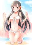  1girl bikini black_eyes black_hair blush breasts flower hair_flower hair_ornament idolmaster idolmaster_cinderella_girls kobayakawa_sae long_hair looking_at_viewer navel ram_hachimin sarong small_breasts smile solo swimsuit white_bikini 