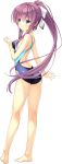  1girl :o ashishun barefoot blue_eyes blue_swimsuit blush competition_swimsuit eyebrows_visible_through_hair full_body high_ponytail highres komagata_yuzuki long_hair official_art one-piece_swimsuit primal_hearts purple_hair simple_background solo swimsuit white_background 