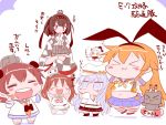  &gt;_&lt; 6+girls ahoge akizuki_(kantai_collection) anchor_hair_ornament animal_ears arms_up blue_eyes chibi closed_eyes comic commentary_request eating elbow_gloves enemy_aircraft_(kantai_collection) fake_animal_ears flat_cap food gloves green_eyes grey_hair hachimaki hair_ornament hair_ribbon hairband hat headband headgear headset hibiki_(kantai_collection) holding holding_food horns japanese_clothes kantai_collection kimono libeccio_(kantai_collection) long_sleeves mini_hat mittens multiple_girls orange_eyes pleated_skirt ponytail rabbit_ears remodel_(kantai_collection) rensouhou-chan ribbon sako_(bosscoffee) school_uniform serafuku shimakaze_(kantai_collection) shinkaisei-kan shirt sitting sitting_on_head sitting_on_person skirt sleeveless sleeveless_shirt smile thigh-highs translation_request twintails verniy_(kantai_collection) white_hair wide_sleeves yukikaze_(kantai_collection) 
