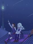  2girls arm_up blonde_hair blue_dress blue_eyes blue_legwear blue_socks blush broom brown_hair building crossed_arms diana_cavendish dress eyebrows_visible_through_hair female friends full_body green_hair grin happy highres index_finger_raised kagari_atsuko knee_up knees_up lighthouse little_witch_academia long_sleeves looking_up multicolored multicolored_hair multiple_girls neck night night_sky on_roof one_side_up open_mouth outdoors parted_lips pointing round_teeth shoes shooting_star side-by-side sitting sky smile socks star_(sky) teeth ticcy tower two-tone_hair witch 