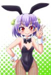  1girl animal_ears black_bow black_bowtie black_leotard bow bowtie breasts bunny_girl bunnysuit fishnet_pantyhose fishnets hair_bobbles hair_ornament kamekura_hiroyuki leotard looking_at_viewer open original pantyhose polka_dot polka_dot_background purple_hair rabbit_ears red_eyes short_hair small_breasts solo strapless strapless_leotard thigh_gap v 