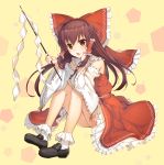  1girl bangs bare_legs black_shoes bobby_socks bow brown_eyes brown_hair commentary_request detached_sleeves frilled_skirt frills full_body gohei hair_bow hair_tubes hakurei_reimu highres holding ikomochi long_hair looking_at_viewer panties pantyshot pantyshot_(sitting) red_bow red_skirt ribbon-trimmed_sleeves ribbon_trim shide shoes sidelocks sitting skirt skirt_set socks solo touhou underwear vest white_legwear yellow_background 