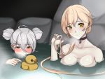  2girls :/ ahoge bathing blonde_hair blurry blush breasts character_request choker closed_mouth collarbone depth_of_field double_bun er_huaa eyebrows_visible_through_hair girls_frontline hair_between_eyes head_tilt holding holding_hair long_hair looking_at_viewer low_ponytail medium_breasts multiple_girls nose_blush onsen partially_submerged rock rubber_duck steam very_long_hair water wet 