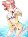  1girl artist_name berserker_of_black blue_eyes breasts chocolate_bar double_bun eyebrows_visible_through_hair fate_(series) frankenstein&#039;s_monster_(swimsuit_saber)_(fate) hair_over_eyes horn looking_at_viewer medium_breasts navel parted_lips roang seiza short_hair signature sitting solo yellow_eyes 