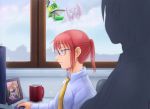  1girl absurdres blush brown_eyes commentary glasses highres kanna_kamui kobayashi-san_chi_no_maidragon kobayashi_(maidragon) melisaongmiqin photo_(object) ponytail redhead tooru_(maidragon) window 