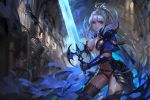  1girl absurdres armor breasts cleavage eyebrows_visible_through_hair highres holding holding_weapon kirbyheimi large_breasts long_hair looking_at_viewer navel original pixiv_fantasia pixiv_fantasia_revenge_of_the_darkness pointy_ears ponytail red_eyes scenery silver_hair solo weapon 