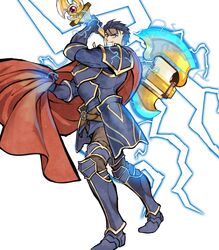  1boy armor axe blue_eyes blue_hair cape fire_emblem fire_emblem:_rekka_no_ken full_body gloves hector_(fire_emblem) highres looking_at_viewer male_focus official_art open_mouth short_hair solo thunder weapon 