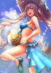  1girl ass ball beachball blue_eyes blush breasts eyebrows_visible_through_hair fate_(series) harunatsu_akifumi hat high_heels holding holding_ball long_hair looking_at_viewer marie_antoinette_(fate/grand_order) medium_breasts open_mouth silver_hair smile solo straw_hat swimsuit teeth twintails 