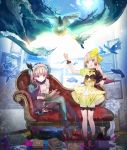  2girls atelier_(series) atelier_lydie_&amp;_soeur bird book boots bow bowtie couch feathered_wings full_body gloves hairband hat highres long_hair lydie_marlen multicolored_hair multiple_girls official_art open_mouth pink_eyes pink_hair ponytail purple_hair siblings sitting sky soeur_marlen sparkle twins water wings yuugen 