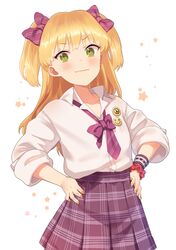  1girl blonde_hair blush bow closed_mouth collarbone eyebrows_visible_through_hair furururu green_eyes hair_bow hands_on_hips idolmaster idolmaster_cinderella_girls jougasaki_rika long_hair looking_at_viewer nail_polish plaid plaid_skirt purple_bow purple_skirt skirt smile solo yellow_nails 