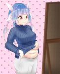  1girl absurdres belly belly_peek blush breasts curvy fat_folds highres i-19_(kantai_collection) kantai_collection large_breasts meat_day mirror navel plump ribbed_sweater shirt_lift simple_background sweater wavy_mouth weight_conscious youryuu 