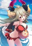  1girl ahoge ball bangs beach beachball big_hair bikini blouse blue_sky blush breasts cleavage clouds commentary_request day doraf eyebrows_visible_through_hair granblue_fantasy grey_hair hair_between_eyes halterneck highres holding holding_ball horns large_breasts long_hair looking_at_viewer navel ocean open_mouth red_bikini red_eyes sarasa_(granblue_fantasy) see-through sky solo standing star strap_gap swimsuit undressing very_long_hair water white_blouse yamacchi 