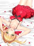  1girl :d bare_shoulders blonde_hair bow breasts cleavage covered_navel dress fate/extra fate_(series) frilled_dress frills green_eyes hair_bow hair_intakes kagachi_saku large_breasts long_hair looking_at_viewer lying on_back open_mouth petals red_dress saber_extra smile solo 