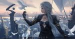  1girl arch artist_name bird breasts building chains circlet cleavage clouds dove elf facial_mark feather_trim floating flying highres landing long_hair original pointy_ears profile silver_hair sky skyscraper sunset wind wings wlop 
