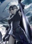  1girl ahoge armor armored_dress armpits bangs black_gloves black_legwear blonde_hair blurry bracer breasts cape chains closed_mouth clouds commentary_request depth_of_field elbow_gloves eyebrows_visible_through_hair fate/grand_order fate_(series) flag from_below frown fur-trimmed_cape fur_trim glint gloves haribote_(tarao) headpiece holding holding_sword holding_weapon jeanne_alter looking_at_viewer looking_down outdoors revision ruler_(fate/apocrypha) short_hair sky solo standing sword thigh-highs weapon yellow_eyes 