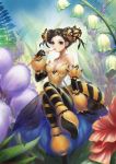  1girl bare_shoulders bee_girl bendy_straw black_gloves braid breasts bun_cover candy cleavage double_bun drinking_straw elbow_gloves flower food genderswap genderswap_(mtf) gloves insect_girl insect_wings jewelry lily_of_the_valley looking_at_viewer lucky9 necklace original personification sitting striped striped_legwear sweets wings yellow_eyes 