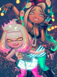  2girls bellhenge black_hair crown dark_skin domino_mask dress fingerless_gloves gloves hime_(splatoon) iida_(splatoon) long_hair looking_at_viewer mask mole mole_under_mouth multicolored_hair multiple_girls octarian pantyhose sleeveless smile splatoon splatoon_2 tentacle_hair white_hair yellow_eyes zipper 