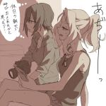  2girls arm_support blonde_hair breasts brown_hair camera cleavage dog_tags girls_und_panzer kay_(girls_und_panzer) multiple_girls nishizumi_maho ponytail ree_(re-19) short_hair shorts sketch sleeves_rolled_up speech_bubble sweat tank_top translation_request 