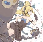  1girl :d ahoge ass bare_shoulders bird black_gloves blonde_hair blue_eyes breasts erect_nipples fang gloves goggles goggles_on_head granblue_fantasy hand_on_hip head_back leotard llg.hakua looking_at_viewer looking_back mecha medium_breasts open_mouth pantylines pengie penguin plug robot short_hair short_twintails smile strapless strapless_leotard twintails 