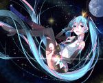  1girl :d absurdly_long_hair black_boots black_gloves black_necktie black_skirt blue_eyes blue_hair boots crown elbow_gloves eyebrows_visible_through_hair floating_hair full_body gloves hair_between_eyes hair_ornament hate_ani_hikae hatsune_miku highres long_hair microphone mini_crown miniskirt moon necktie open_mouth pleated_skirt shirt skirt sleeveless sleeveless_shirt smile solo space thigh-highs thigh_boots twintails very_long_hair vocaloid white_shirt zettai_ryouiki 