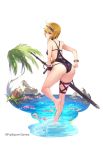  ahoge ass blonde_hair breasts company_name dare_ga_tame_no_alchemist eyebrows_visible_through_hair flower grants_(dare_ga_tame_no_alchemist) hairband leg_up medium_breasts official_art palm_tree petals sheath sheathed short_hair swimsuit swimsuit_pull sword tree tropical water weapon wet wet_clothes wet_hair wet_swimsuit yellow_eyes 