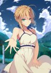  1girl absurdres ahoge artoria_pendragon_(all) bangs blonde_hair blue_sky blush breasts closed_mouth clouds cloudy_sky day dress eyebrows_visible_through_hair fate/stay_night fate_(series) grass green_eyes hair_between_eyes highres looking_at_viewer medium_breasts outdoors outstretched_hand rafael-m saber sidelocks sky smile solo sundress tsurime white_dress 
