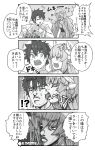  !? 1boy 1girl araki_hirohiko_(style) closed_eyes comic commentary_request english face_licking fujimaru_ritsuka_(male) greyscale highres horns japanese_clothes jojo_no_kimyou_na_bouken kadokura_(whokdkr) kimono kiyohime_(fate/grand_order) leaning_forward licking long_hair long_sleeves monochrome obi open_mouth parody sash smile spiky_hair style_parody sweatdrop taste_of_a_liar to_be_continued translation_request wide_sleeves 
