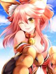  1girl absurdres animal_ears bell bell_collar breasts cleavage collar day fate/grand_order fate_(series) fox_ears fox_tail hair_ribbon highres large_breasts long_hair looking_at_viewer one_eye_closed outdoors paws pink_hair ribbon solo tail tamamo_(fate)_(all) tamamo_cat_(fate) tokizawa_enrai yellow_eyes 