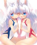  2girls ahoge animal_ears blue_eyes blush child fangs highres kneeling long_hair looking_at_viewer multiple_girls one-piece_swimsuit one_eye_closed open_mouth original siblings simple_background swimsuit tail toba_hiyoko twins v white_background wolf_ears wolf_tail 